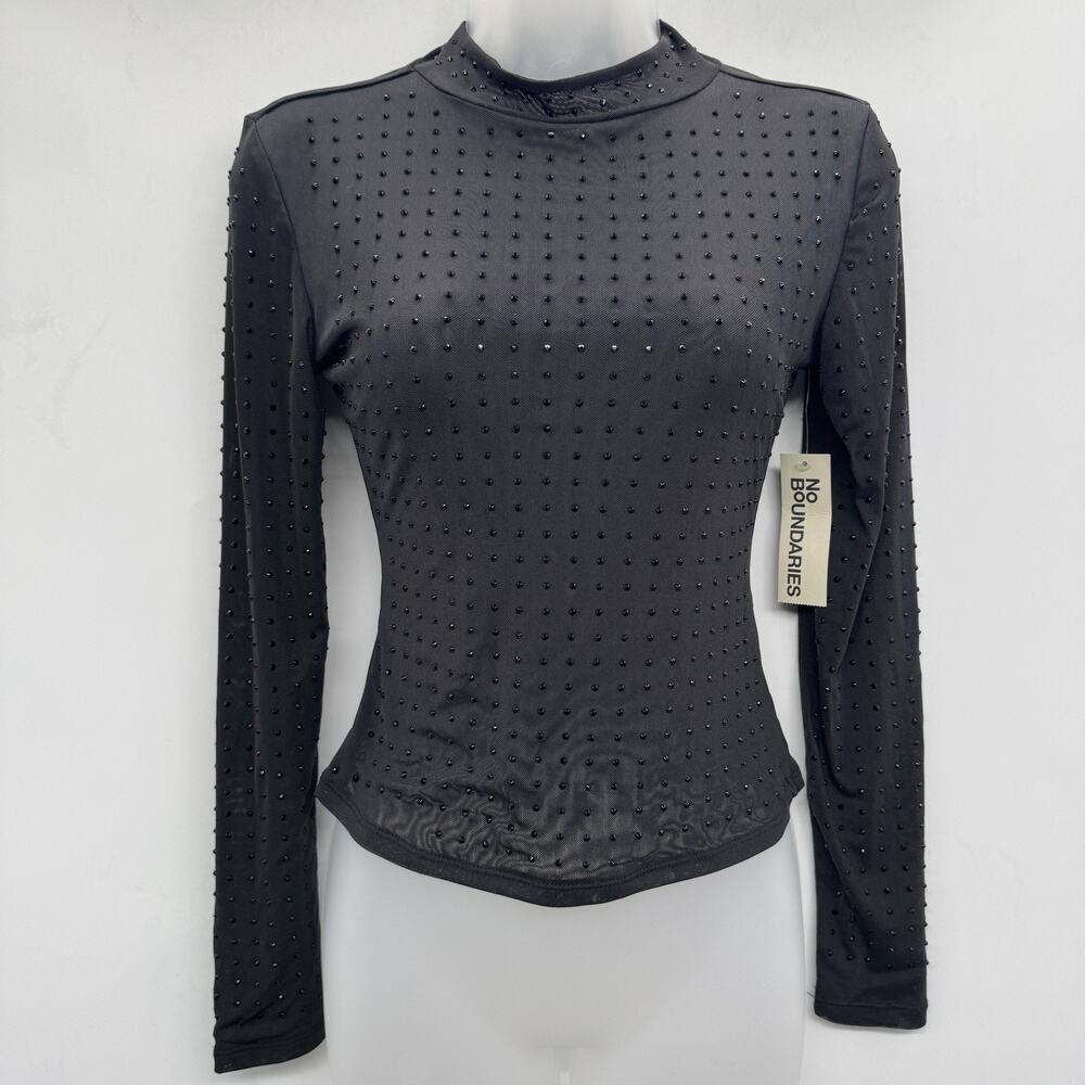 Mesh Sheer Beaded Crop Top Sz XS (0-2) Black Mock Neck Goth Witchy NEW